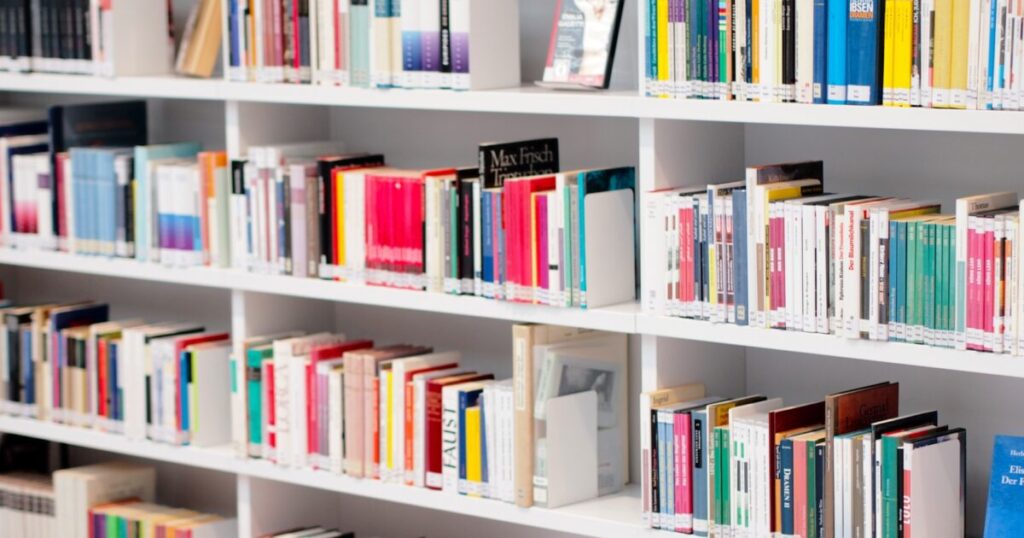 本が整然と並ぶ明るい図書館の棚