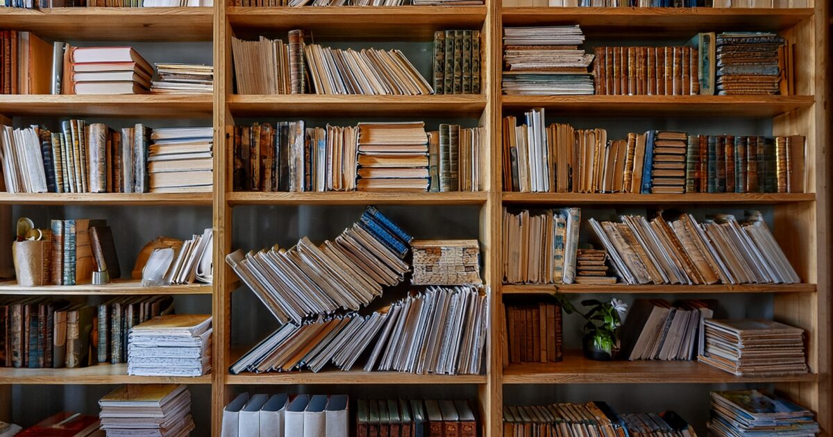 木製の本棚に並んだ古書やノート