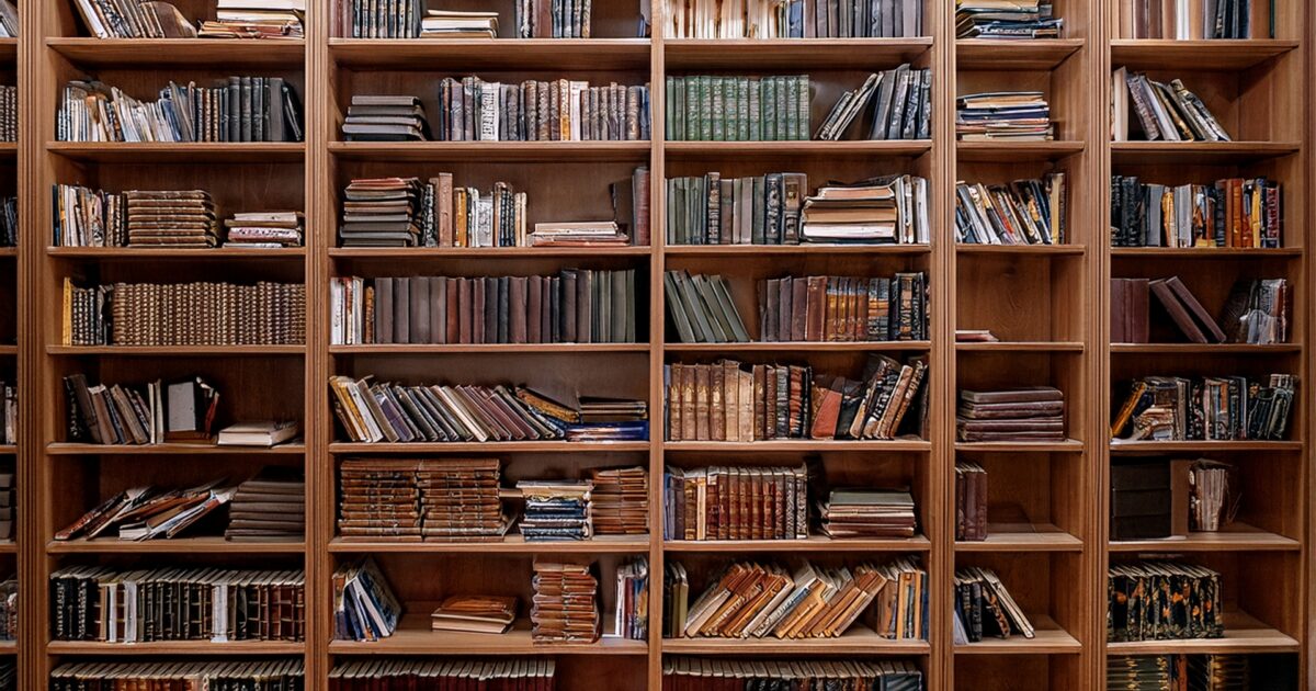 本がぎっしり詰まった木製の本棚